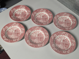 Engels rood Coaching Taverns Royal Tudor Ware Staffordshire set 6x diep bord 23 cm