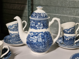 Engels blauw Coaching Taverns Royal Tudor Ware Staffordshire Koffieservies 8-pers.