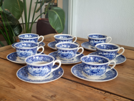 Regout Castillo blauw set 8x Kop en schotel (blauwe rand en met rond oortje)