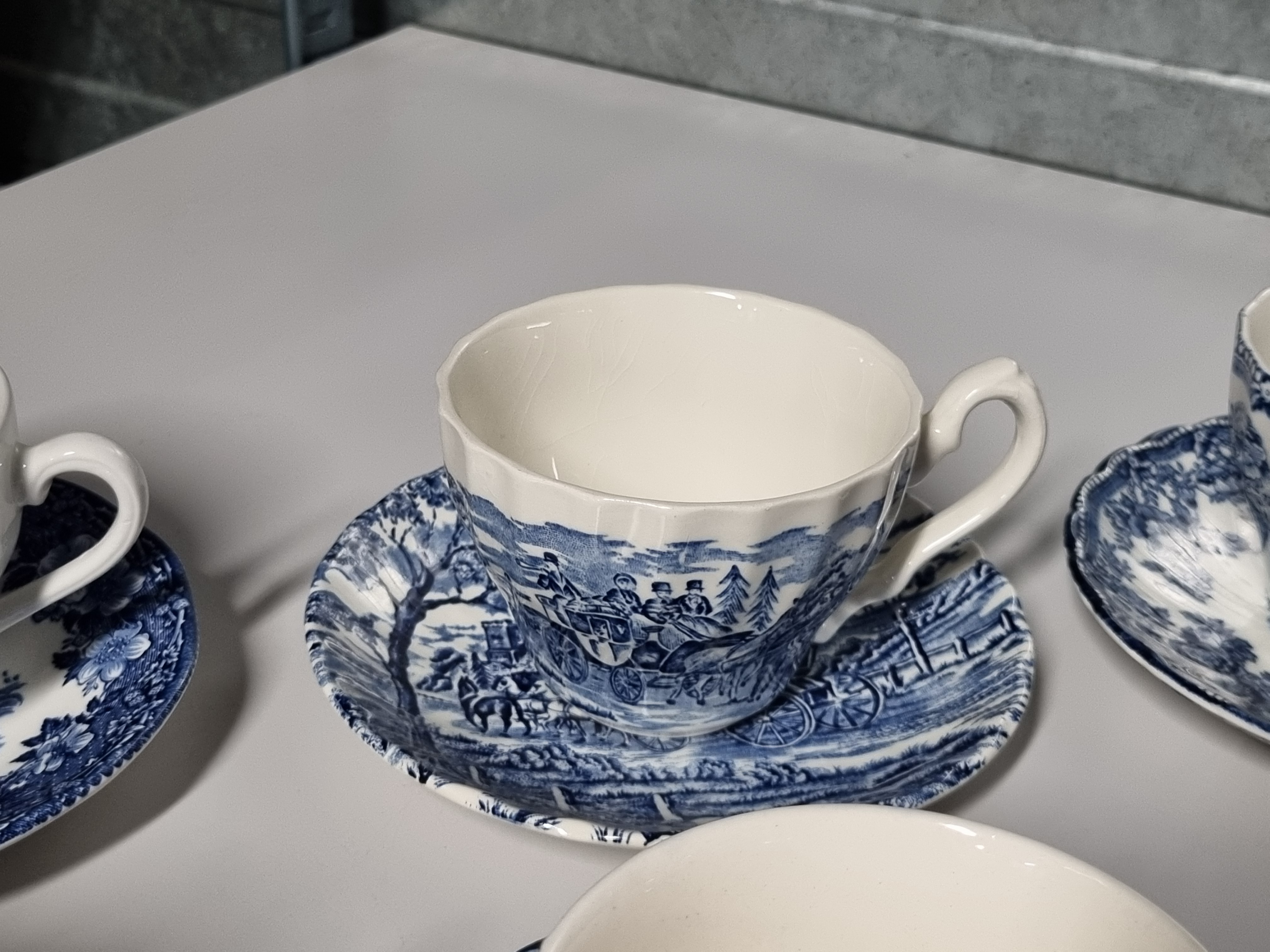 Engels blauw Set 6x mix & match kop en schotel (wit binnenin)