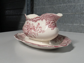 Engels rood Crown Ducal Bristol sauskom op vaste onderschotel