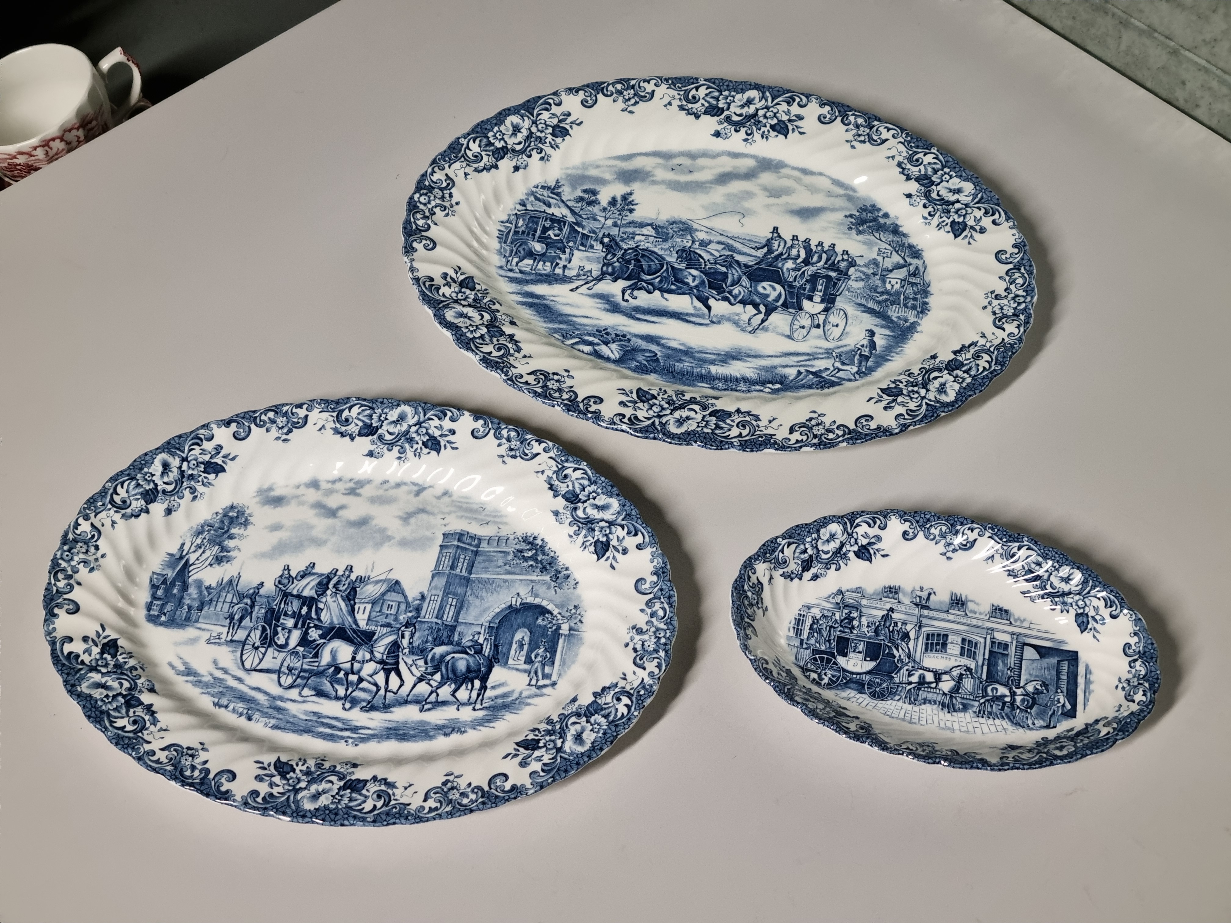 Engels blauw Johnson Bros Coaching Scenes set 3x ovale schaal