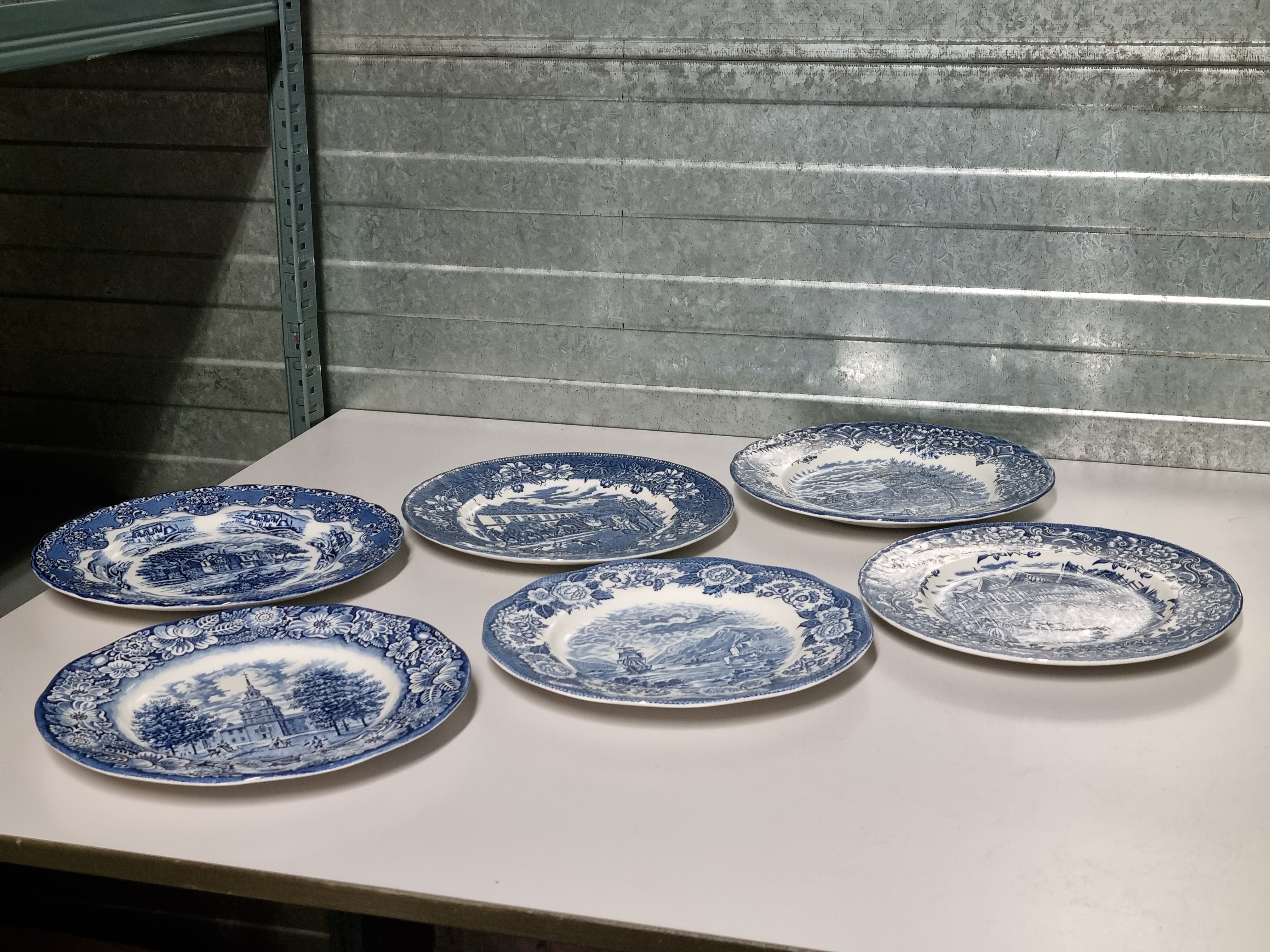Verkocht = Engels blauw Set 6x mix & match plat dinerbord 25 cm