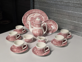 Engels rood Coaching Taverns Royal Tudor Ware Staffordshire koffieservies 6 personen