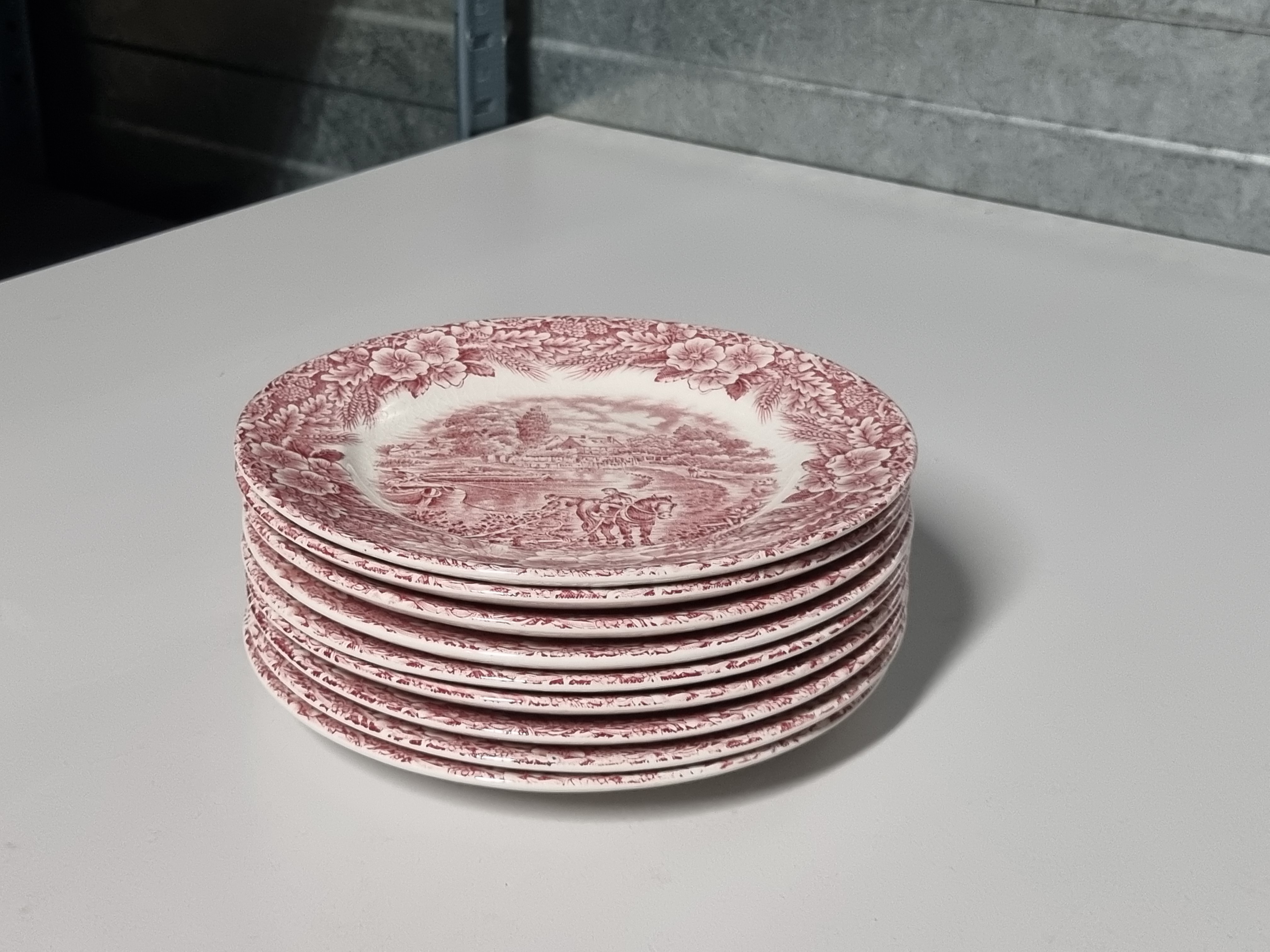 Engels rood Broadhurst The Constable Series set 9x gebaksbordje 17 cm