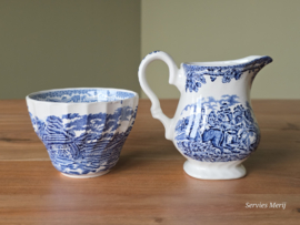 Engels blauw Jachtservies Myott's Country Life Roomstel met suikerkommetje