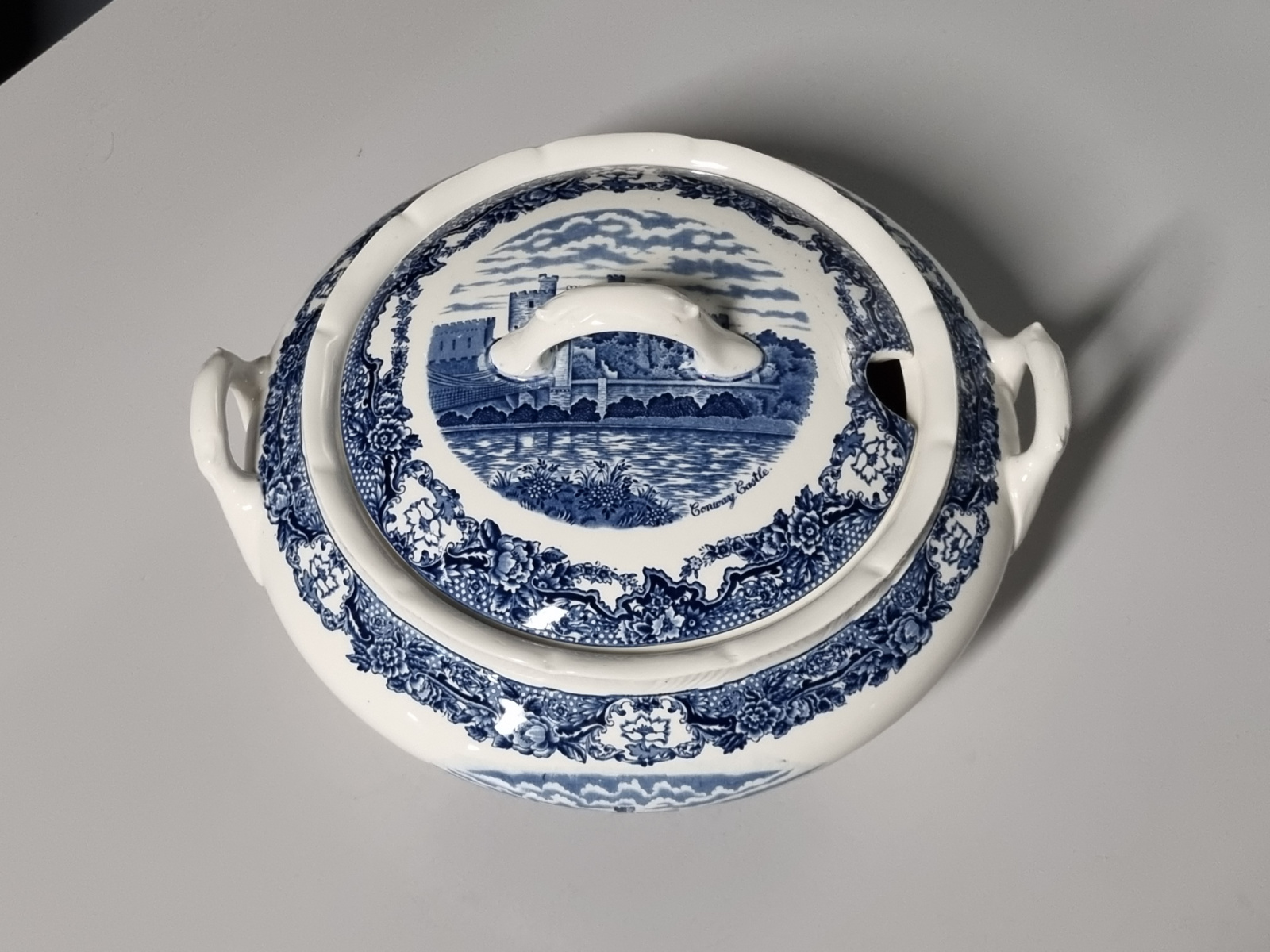 Engels blauw Royal Swan Historie Castles dekschaal terrine