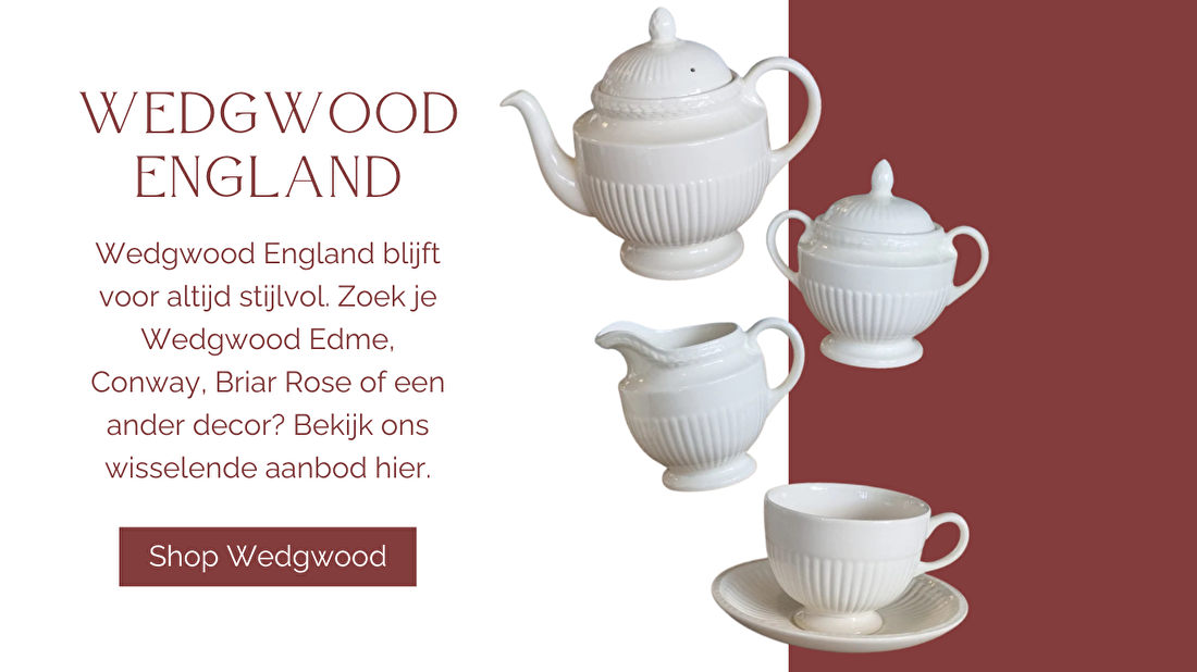 Wedgwood England blijft voor altijd stijlvol. Zoek je Wedgwood Edme, Conway, Briar Rose of een ander decor? Bekijk ons wisselende aanbod hier,