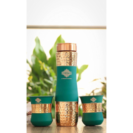 Koperen drinkfles GROEN silk 1000 ml + 2 bekers 300 ml