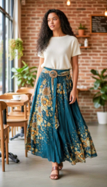 Thaise rok met gesp / Petrol met bloemen