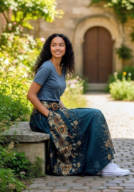 Thaise rok met gesp / Petrol met bloemen