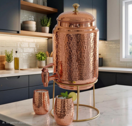 Koperen water dispender op (losse) standaard met 2 koperen bekers | Hammered Ayurvedic Matka Pot ( 5 liter + 2x 300ml)