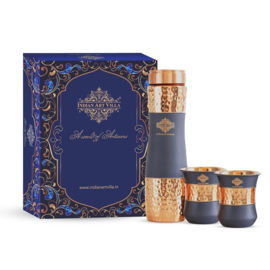 Koperen drinkfles GREY silk 1000 ml + 2 bekers 300 ml