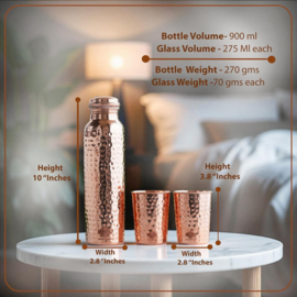 Koperen drinkfles hammer motief 900 ml + 2 bekers 275 ml