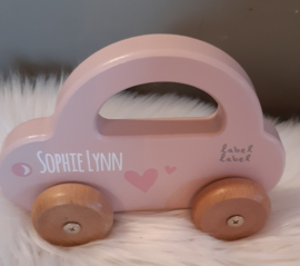 ''Label Label'' houten auto met handvat roze (met naam)