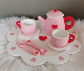 Houten roze theeservies met hartjes (met naam)