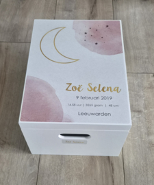 Houten herinneringskist  met Maan-aquarel roze