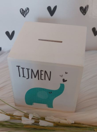 houten spaarpot met naam (en datum) olifant jongen