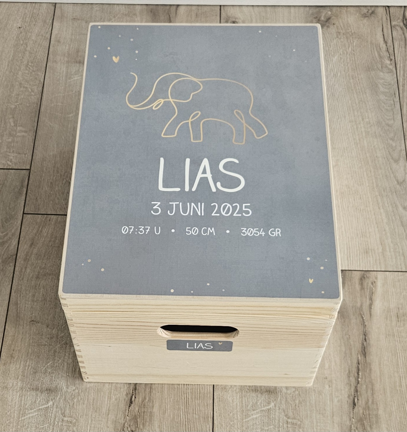 Houten herinneringskist met naam Olifant Silhouette
