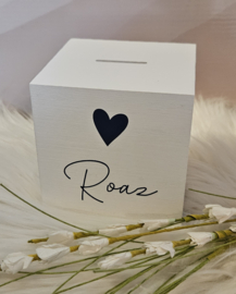 houten spaarpot met naam en hart