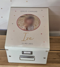 Communiedoos met naam en ''foto pink hartjes''