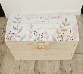 Houten speelgoedkist met naam Leaves Pink