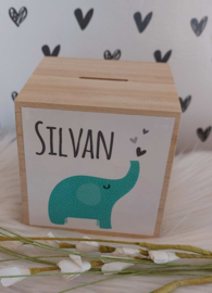 houten spaarpot met naam (en datum) olifant jongen