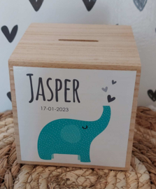 houten spaarpot met naam (en datum) olifant jongen