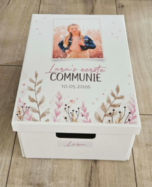Communiedoos met naam en ''foto leaves pink''