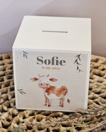houten spaarpot met naam  en schattige koe