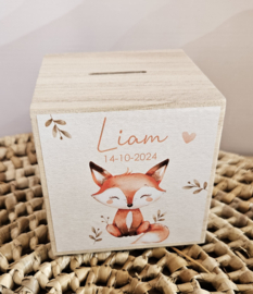 houten spaarpot met naam  en schattig vosje