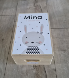 Houten herinneringskist met naam  Trendy Konijntje - girl
