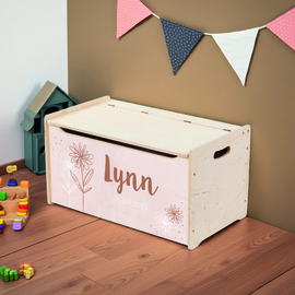 Grote houten opbergkist-zitbankje met naam Flower Pink