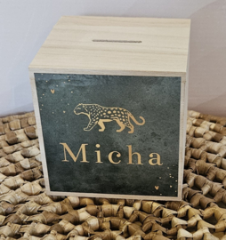 houten spaarpot met naam  cheetah