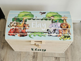 Naturel houten speelgoedkist met naam 'Wilde Dieren'