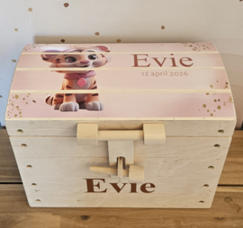 Houten speelgoedkist met naam Schattig Tijgertje roze