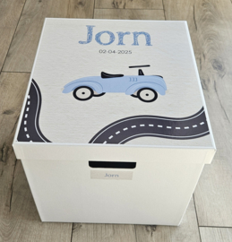 Bewaardoos met naam Racewagen blauw