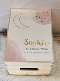 Houten herinneringskist  met Maan-aquarel roze
