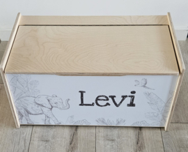 Grote houten opbergkist-zitbankje met Geboortekaartje