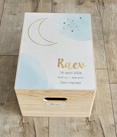 Houten herinneringskist met  Maan-aquarel blauw