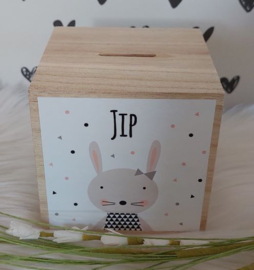 houten spaarpot met naam trendy konijntje-meisje