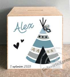 houten spaarpot met naam tipi tent blauw