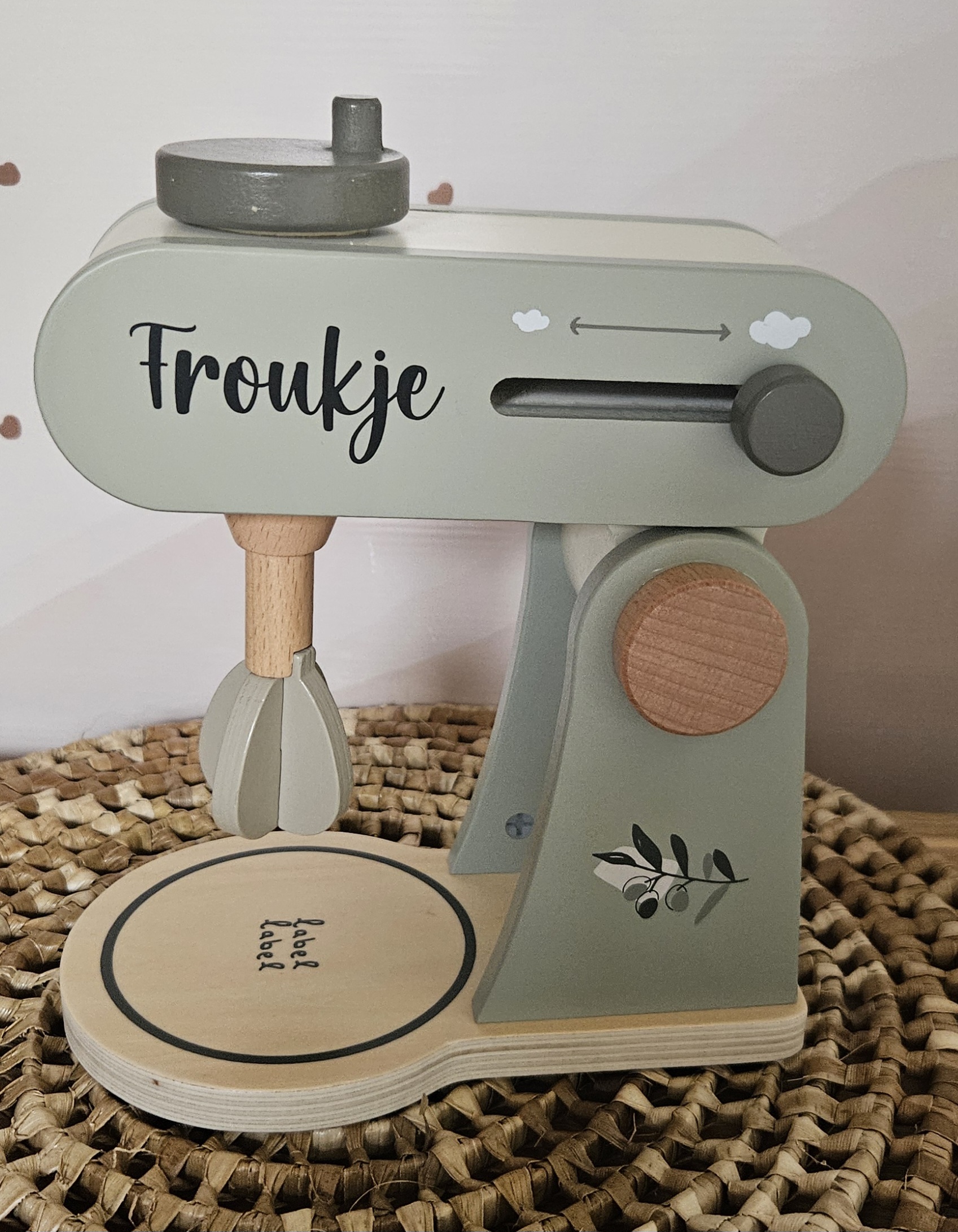 Label Label houten mixer Olijf met naam