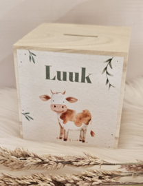 houten spaarpot met naam  en schattige koe