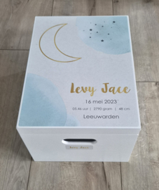 Houten herinneringskist met Maan-aquarel blauw