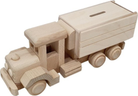 Houten vrachtwagen spaarpot (met naam en gegevens)