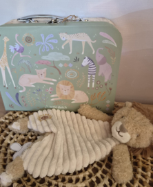 Little Dutch koffertje Safari met rib knuffeldoekje leeuw (met naam)