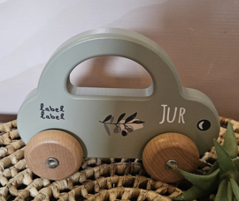 Label Label houten auto met handvat olijf met naam