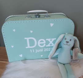 koffertje 'kleine Hartjes met naam en knuffelkonijn