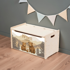 Grote houten opbergkist-zitbankje met naam Family Beer